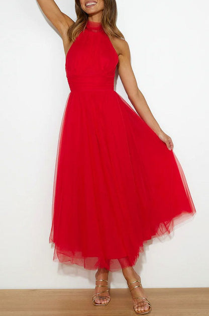Tulle Halter Tie Neck Midi Dress