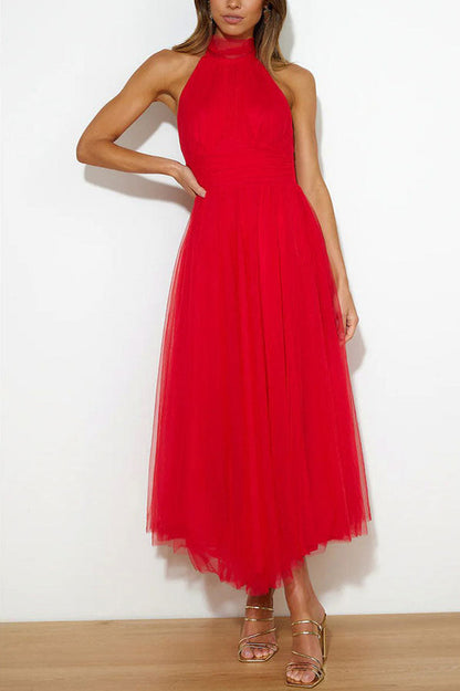 Tulle Halter Tie Neck Midi Dress
