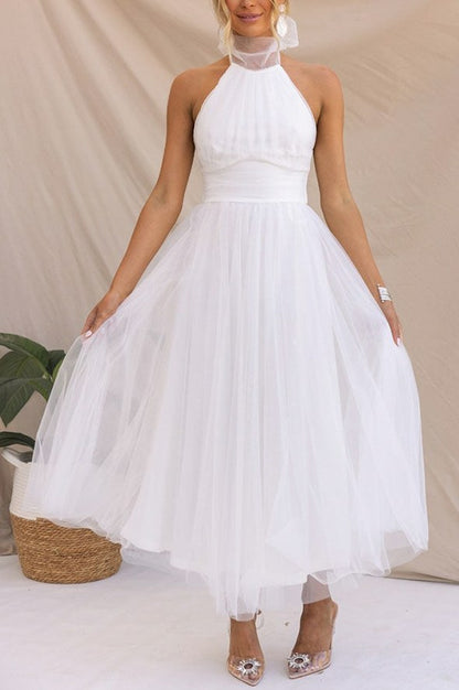 Tulle Halter Tie Neck Midi Dress