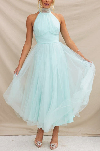 Tulle Halter Tie Neck Midi Dress