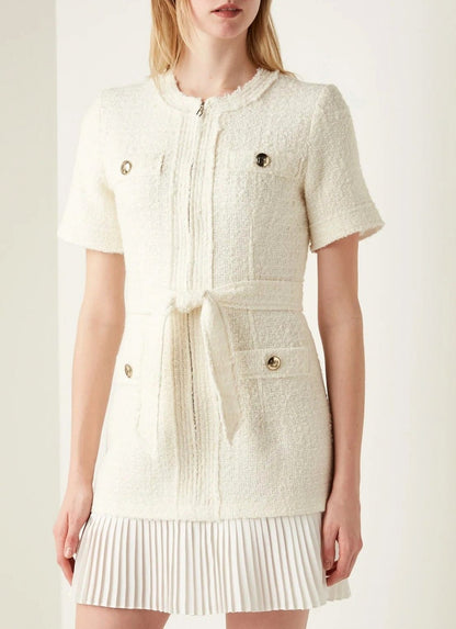 Tweed Belted Pleated Mini Dress