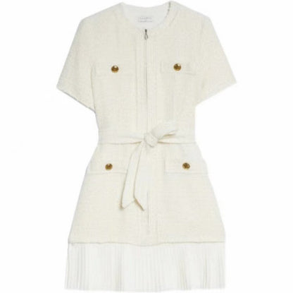 Tweed Belted Pleated Mini Dress