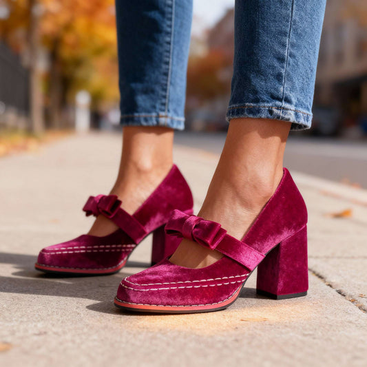 Velvet Bow Block Mary Jane Heels