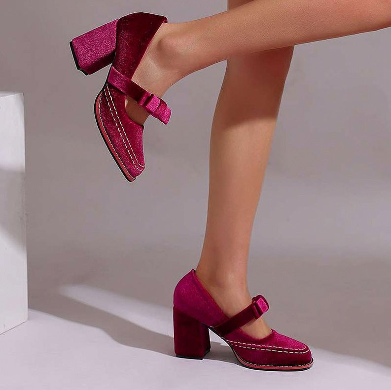 Velvet Bow Block Mary Jane Heels