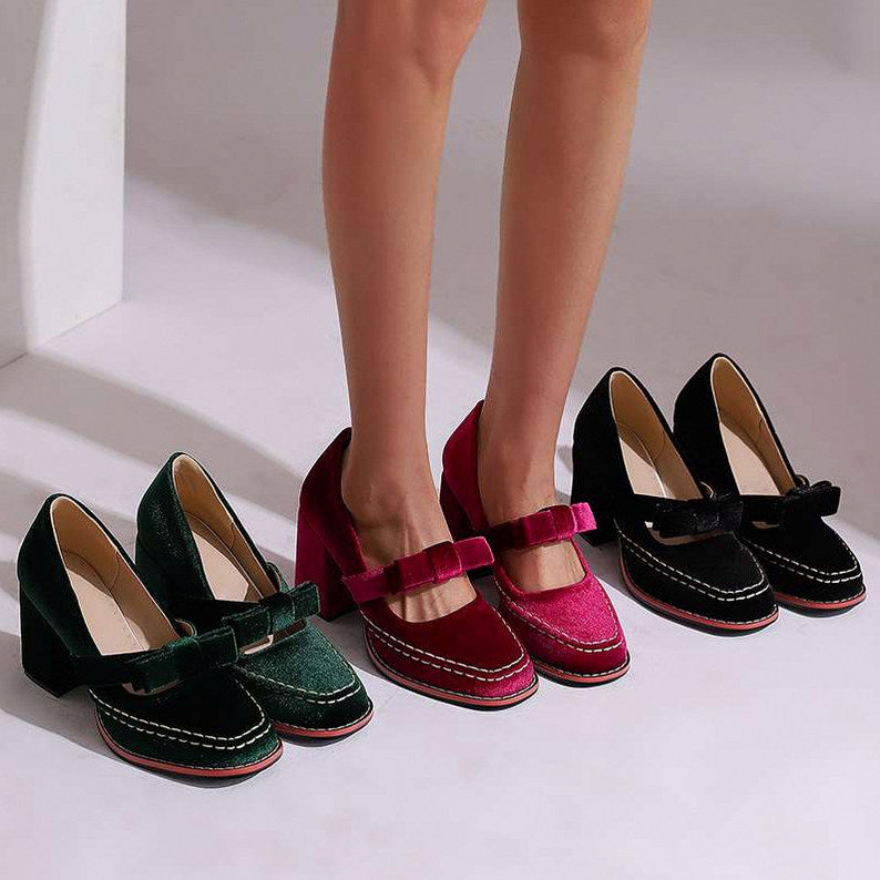 Velvet Bow Block Mary Jane Heels