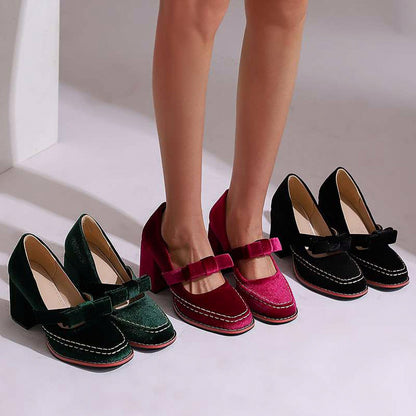 Velvet Bow Block Mary Jane Heels