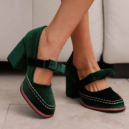 Velvet Bow Block Mary Jane Heels