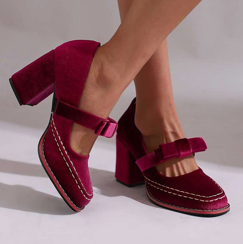 Velvet Bow Block Mary Jane Heels