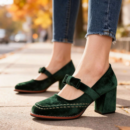 Velvet Bow Block Mary Jane Heels