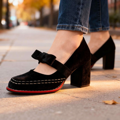 Velvet Bow Block Mary Jane Heels