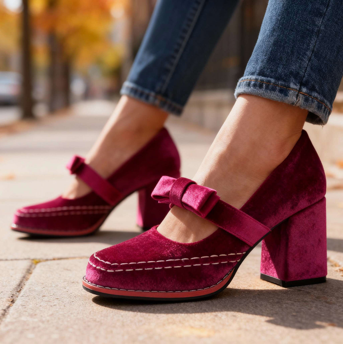 Velvet Bow Block Mary Jane Heels