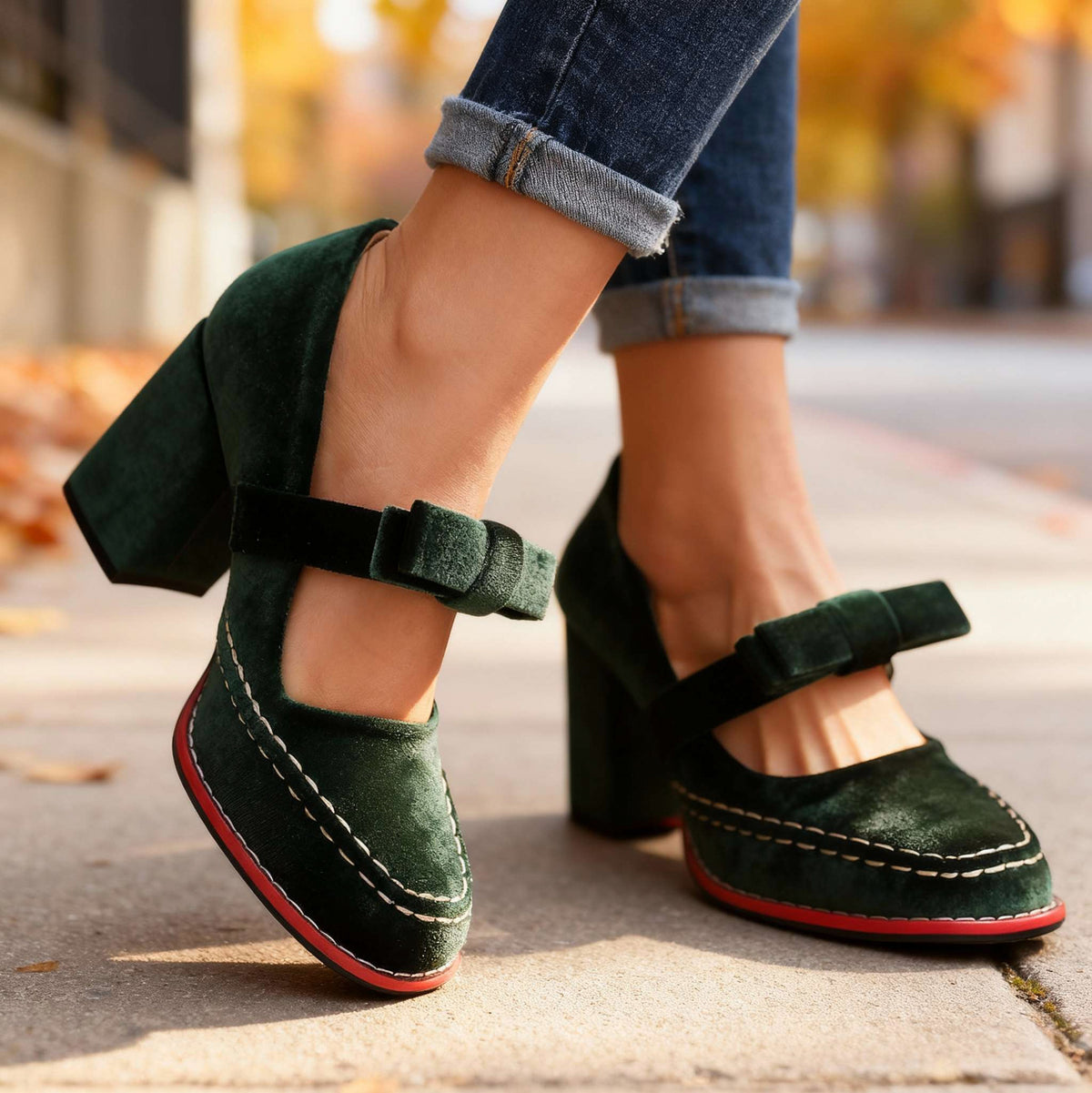 Velvet Bow Block Mary Jane Heels
