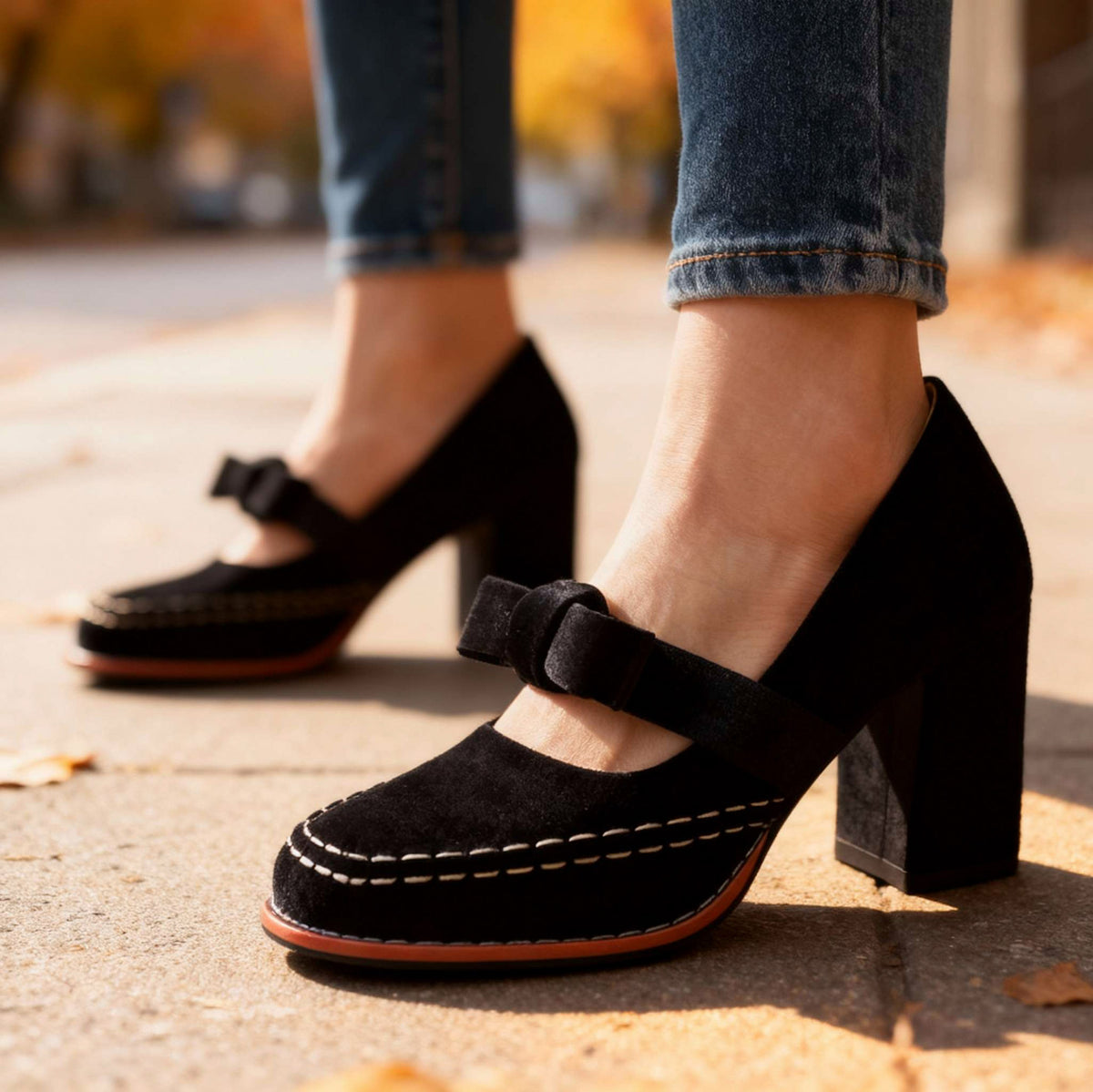 Velvet Bow Block Mary Jane Heels