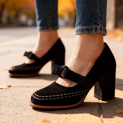 Velvet Bow Block Mary Jane Heels