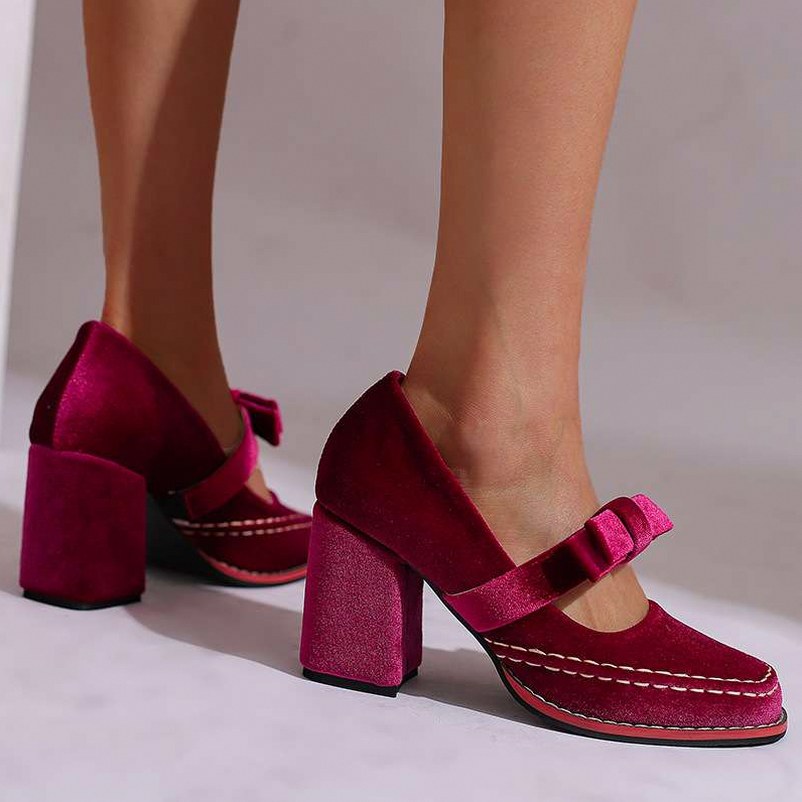 Velvet Bow Block Mary Jane Heels