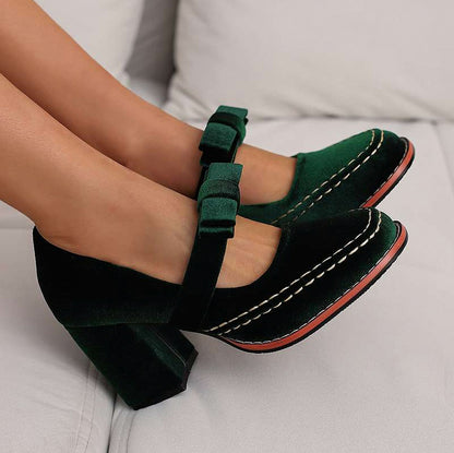 Velvet Bow Block Mary Jane Heels