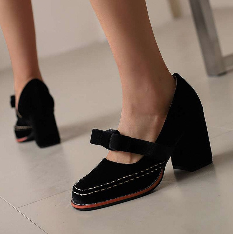 Velvet Bow Block Mary Jane Heels