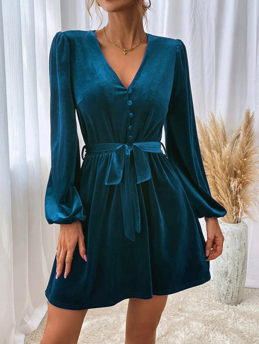 Velvet Button Front Mini Dress