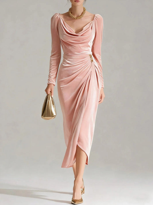 Velvet Cowl Long Sleeve Midi