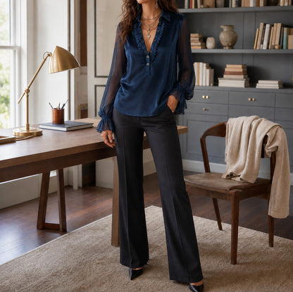 Velvet Ruffle Long Sleeve Blouse